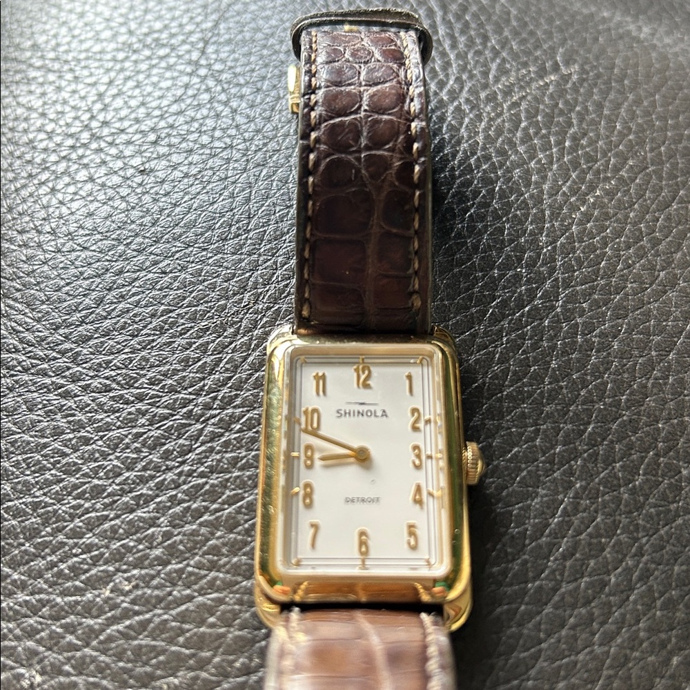 Gold-Tone Rectangular Shinola Watch with Brown Croc Leather Strap - Picture 2 of 6